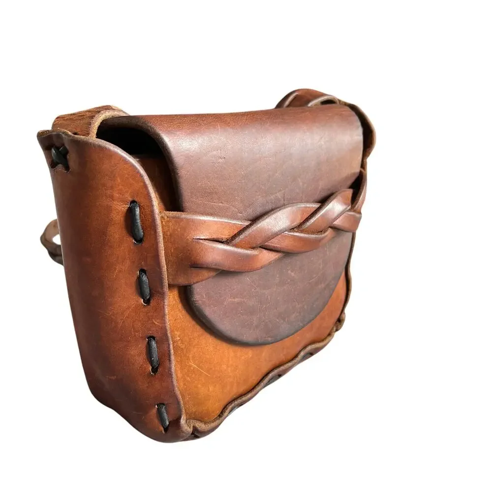 Vintage Brown Leather Shoulder Bag Braided Strap Boho Hippie